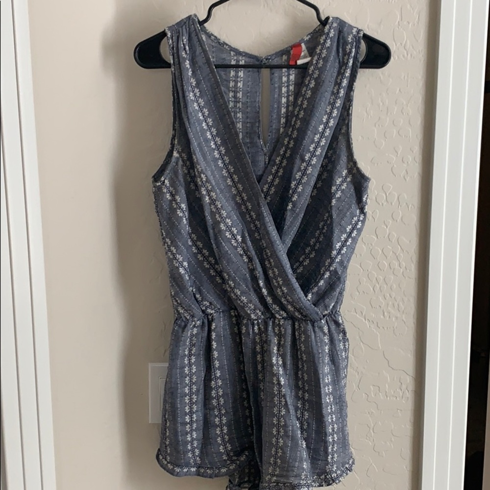 Denim Embroidered V-Neck Romper